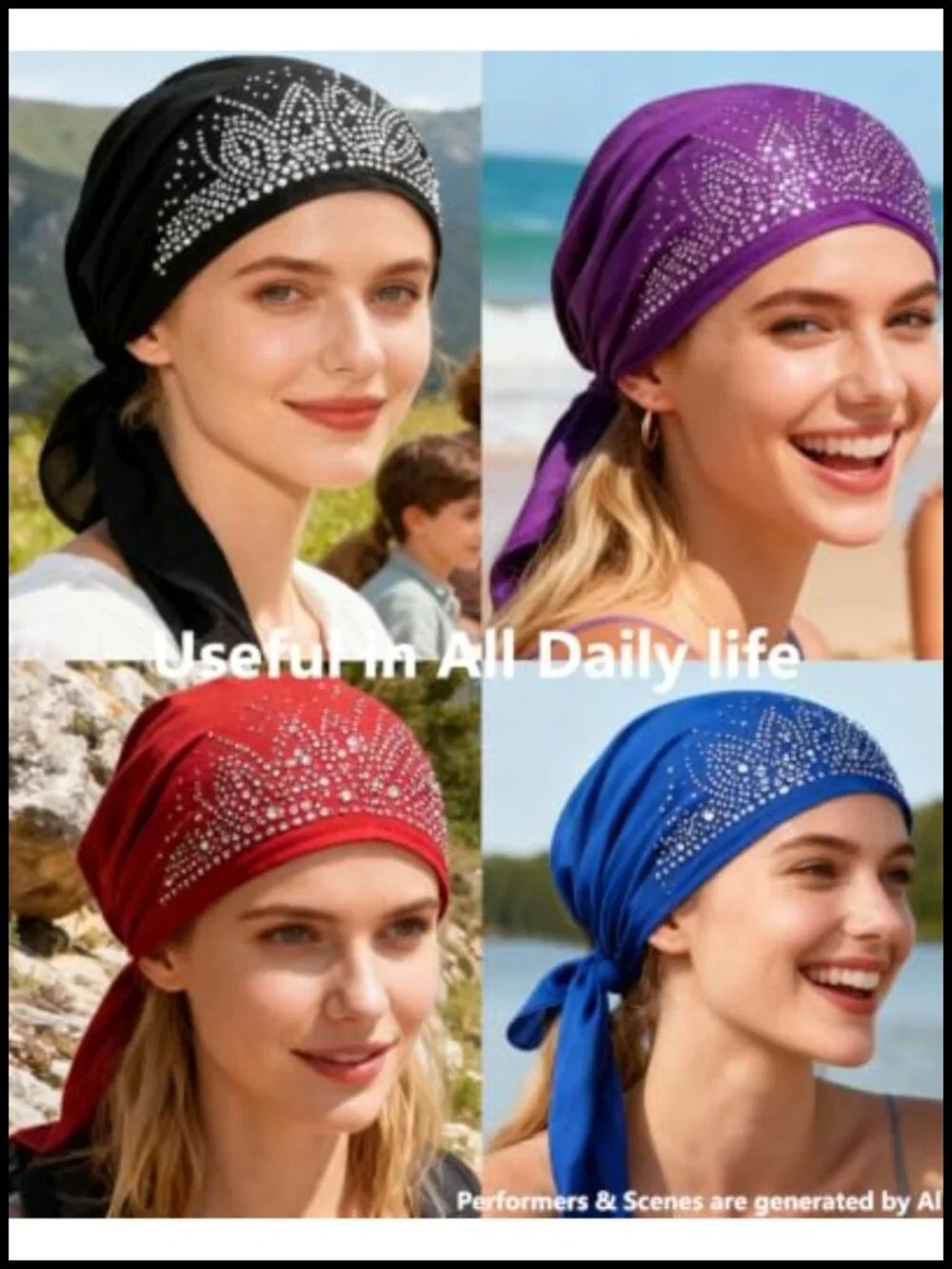 Chemo Headwear for Women Soft Pre-Tied Turban Rhinestone Beanie Hat